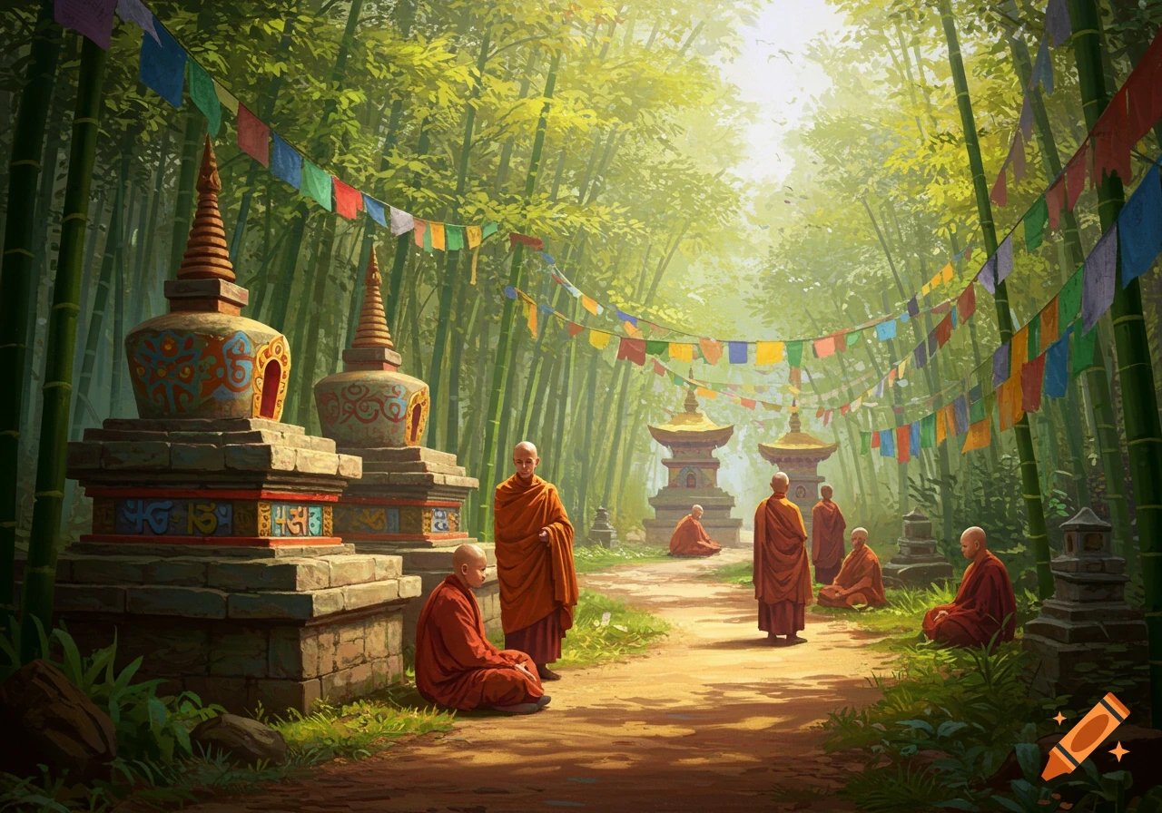 Monks on a path in a bamboo forest adorned with prayer flags and stupas.