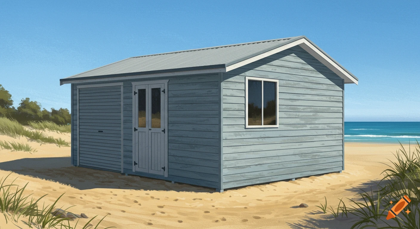 A blue weatherboard shed with French doors, a roller door, and a window sits on a sandy beach near the ocean.
