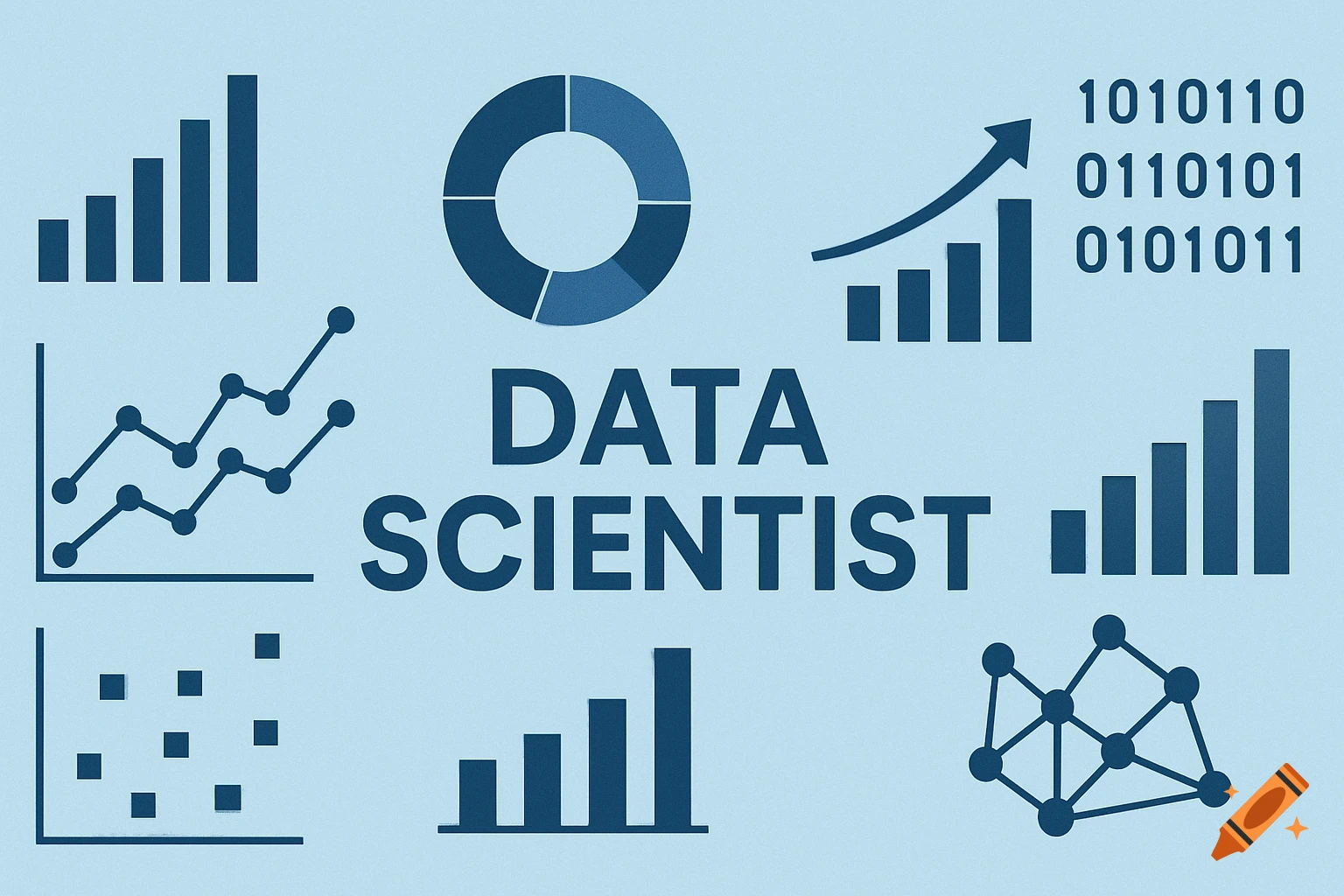 Icons representing data visualization and concepts surrounding the words 'DATA SCIENTIST' and binary code on a blue background.
