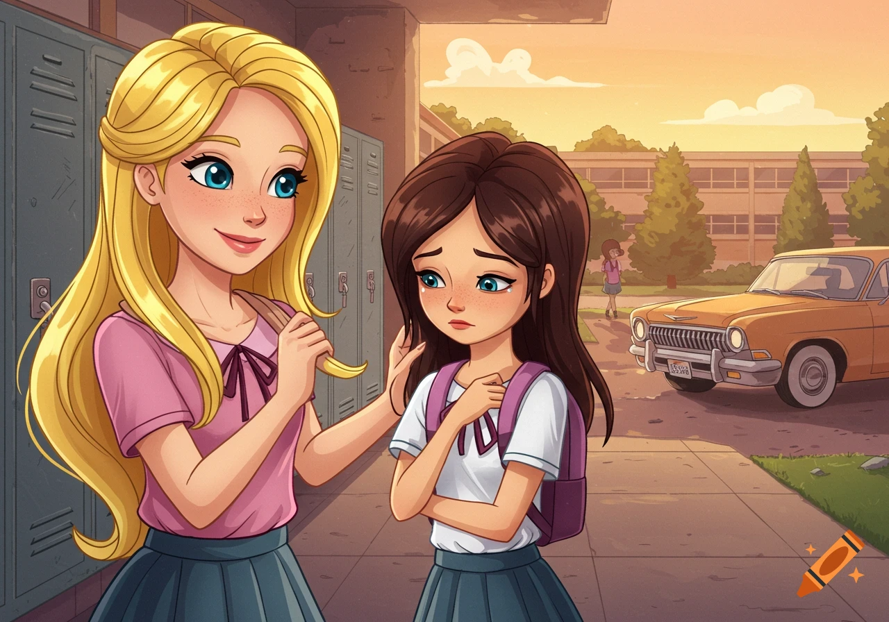 Cartoon image of a smiling girl comforting a sad girl outside school lockers with a car in the background.
