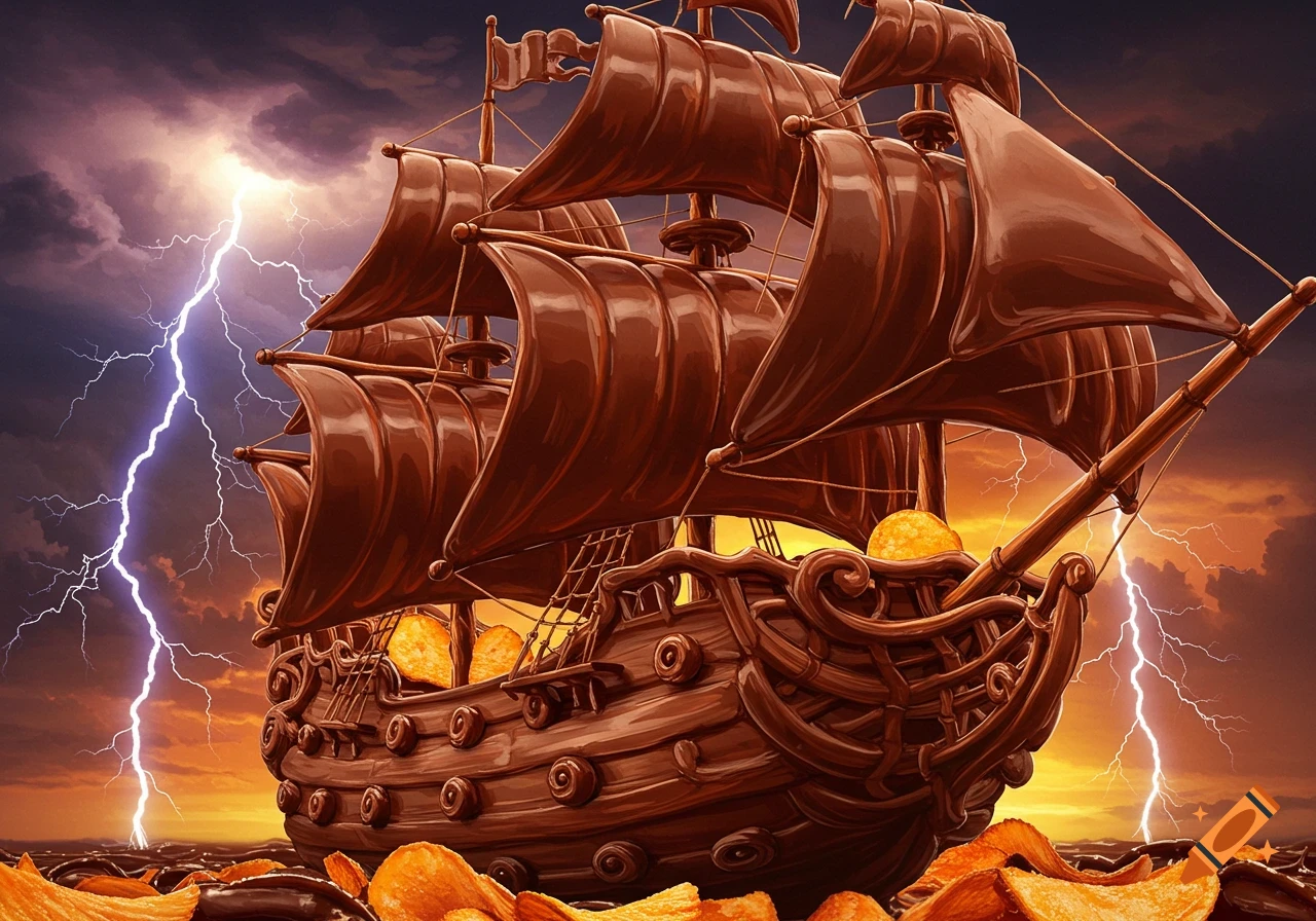 A sailing ship made of chocolate and potato chips is battered by a storm with lightning.