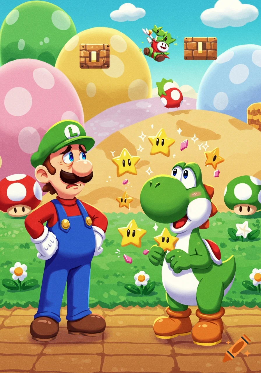 Cartoon of Luigi looking sad at Yoshi happily holding stars in a bright Super Mario-style world.