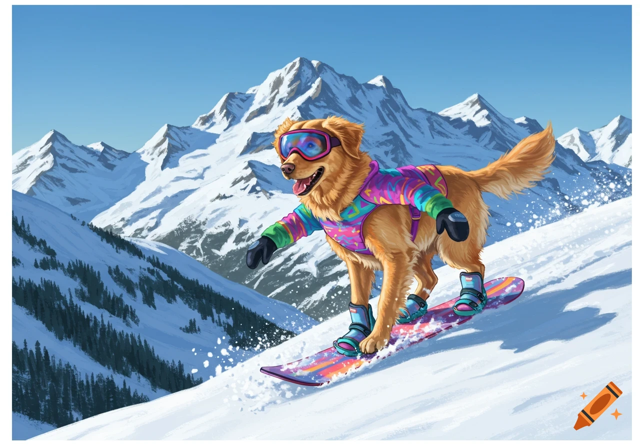 A Golden Retriever dog snowboarding down a snowy mountain slope, wearing goggles and a colorful jacket. Illustration.