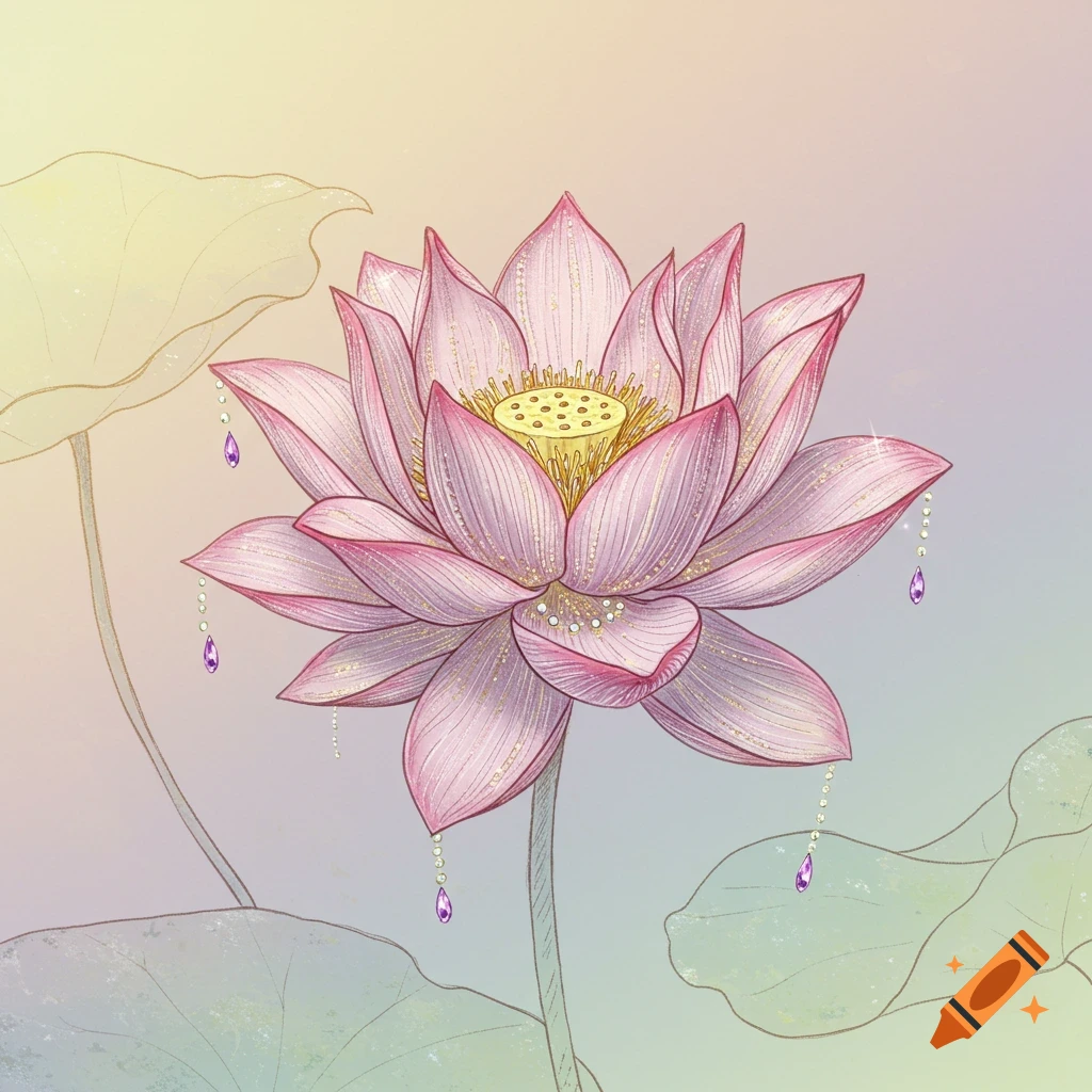 Detailed illustration of a pink lotus flower with sparkling jewel beads and leaves on a gradient background.