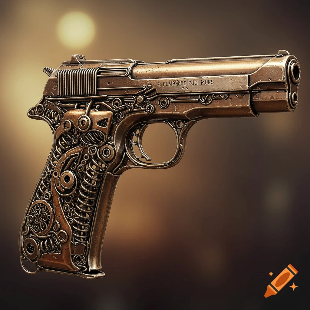 A detailed steampunk pistol made of bronze with intricate mechanical parts.