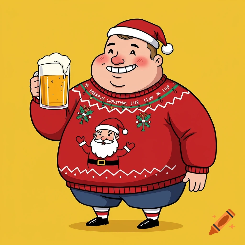 A cartoon man in a Santa hat and red Christmas sweater holding a mug of beer.