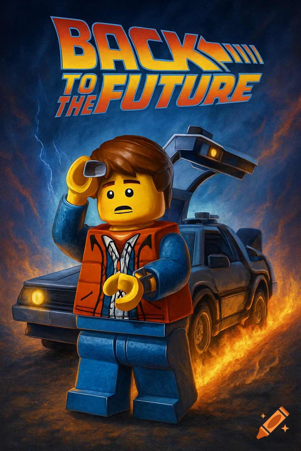 LEGO figure of Marty McFly stands before a DeLorean time machine in a dynamic Back to the Future movie poster style illustration.