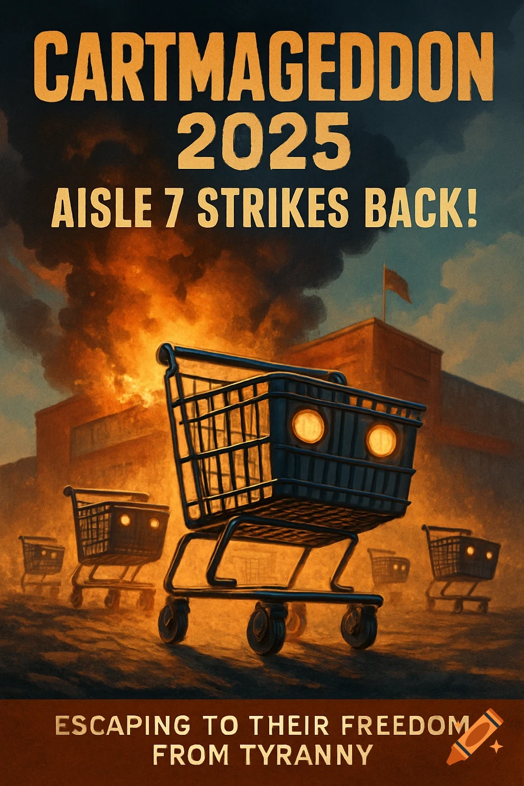 Movie poster titled 'Cartmageddon 2025: Aisle 7 Strikes Back!' shows sentient shopping carts escaping a burning building at dusk. Text at bottom reads 'Escaping to their freedom from tyranny'.