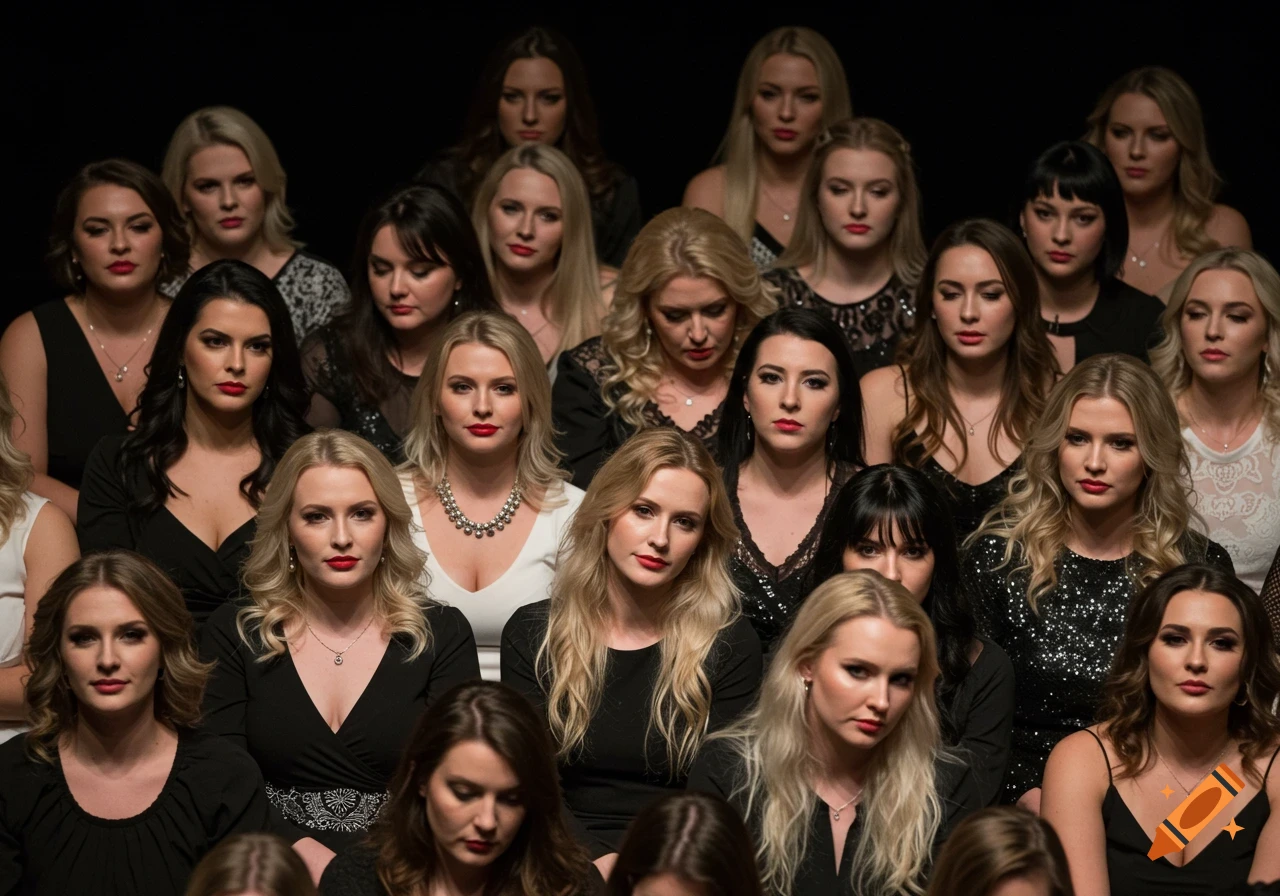 Group portrait of women's faces in rows, looking forward.