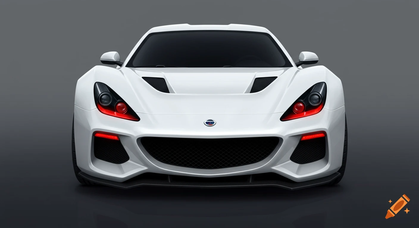 Front view of a white futuristic sports car with red headlights on a dark background.