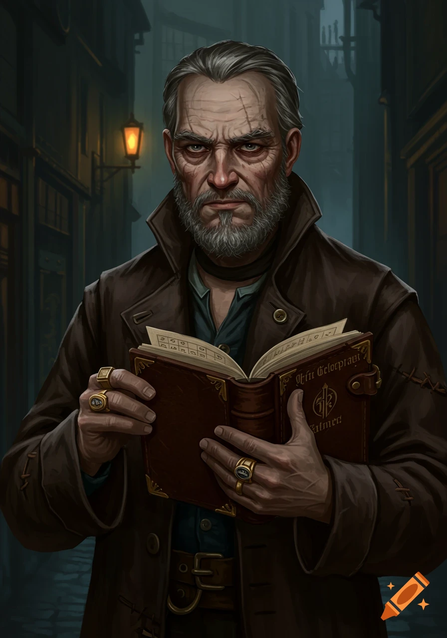 A stern old man with a beard and scars holds an open book in a dark alley. Digital painting.