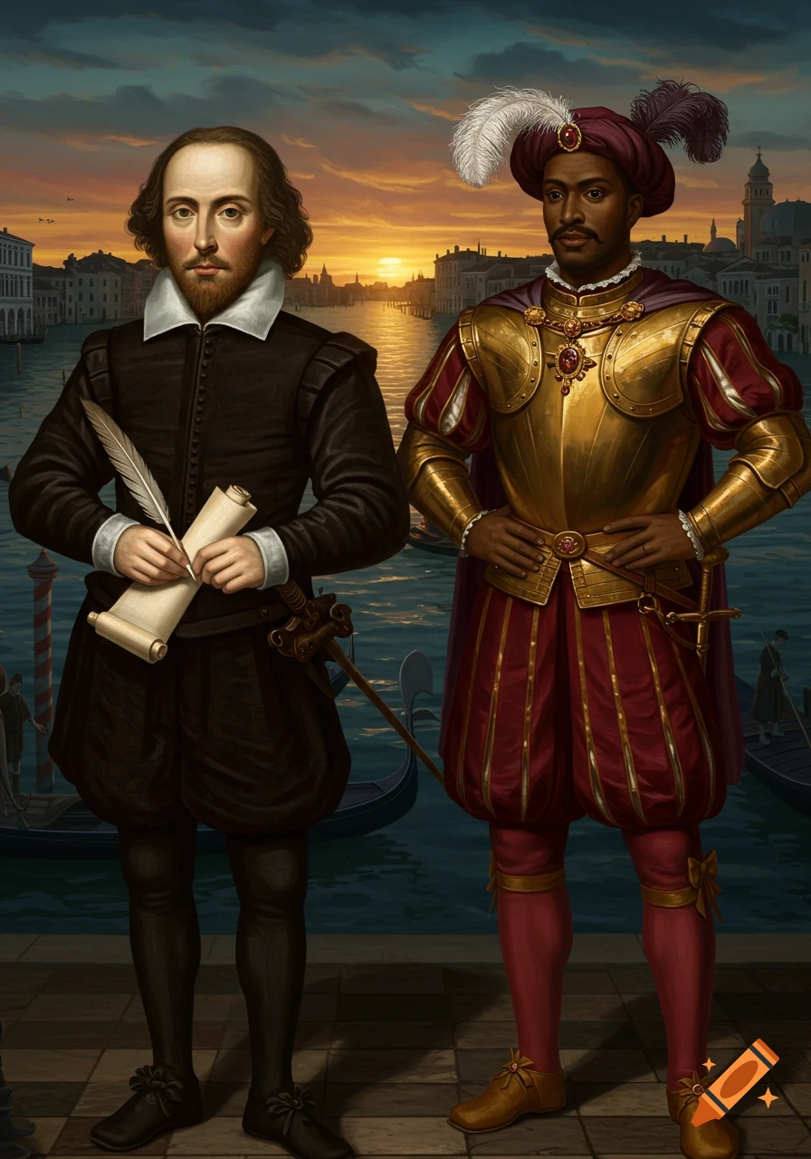 Painting of William Shakespeare and Othello standing by a Venice canal at sunset. Shakespeare holds a quill and scroll.