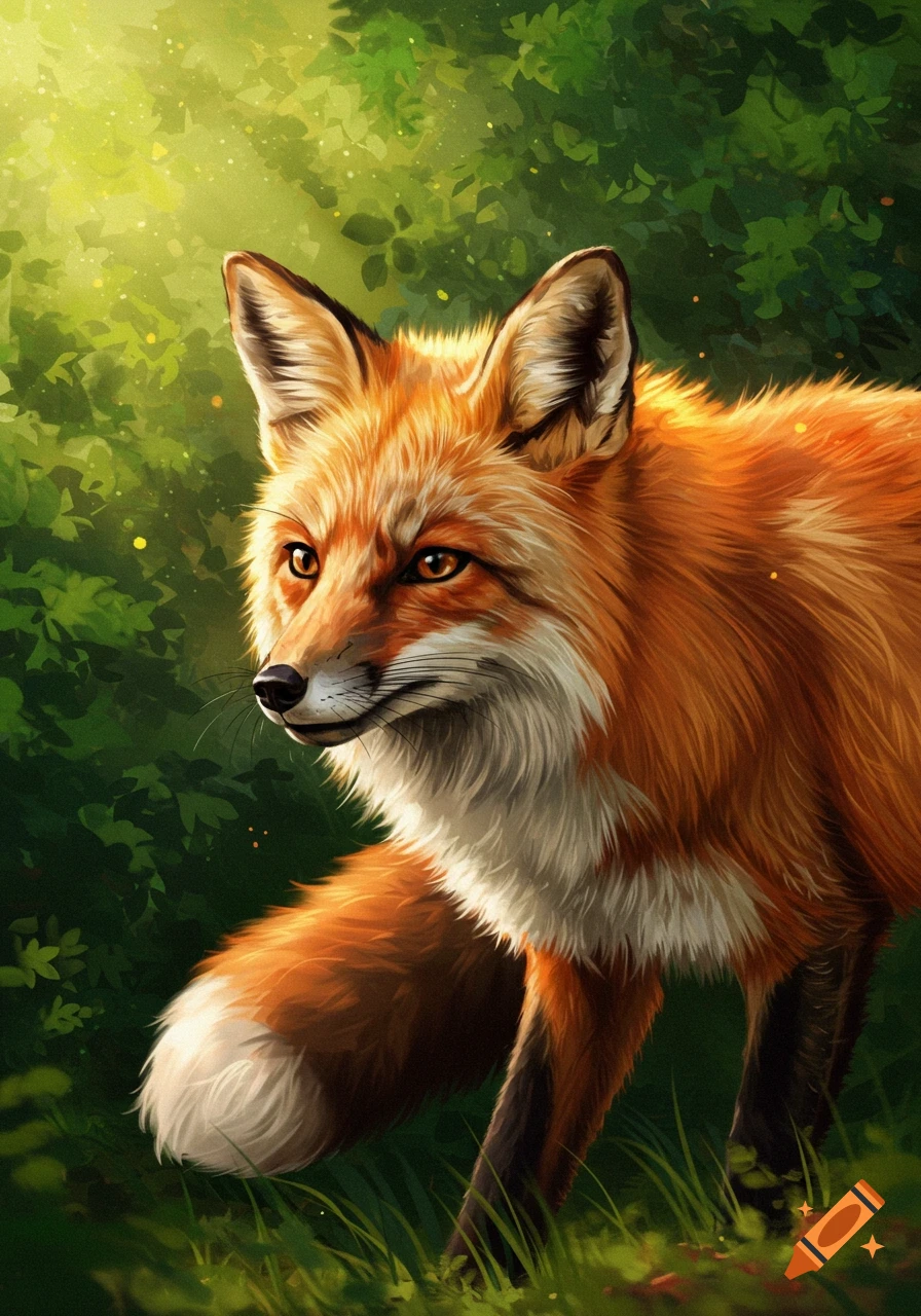 Close-up digital painting of a red fox looking left in a sunlit forest.