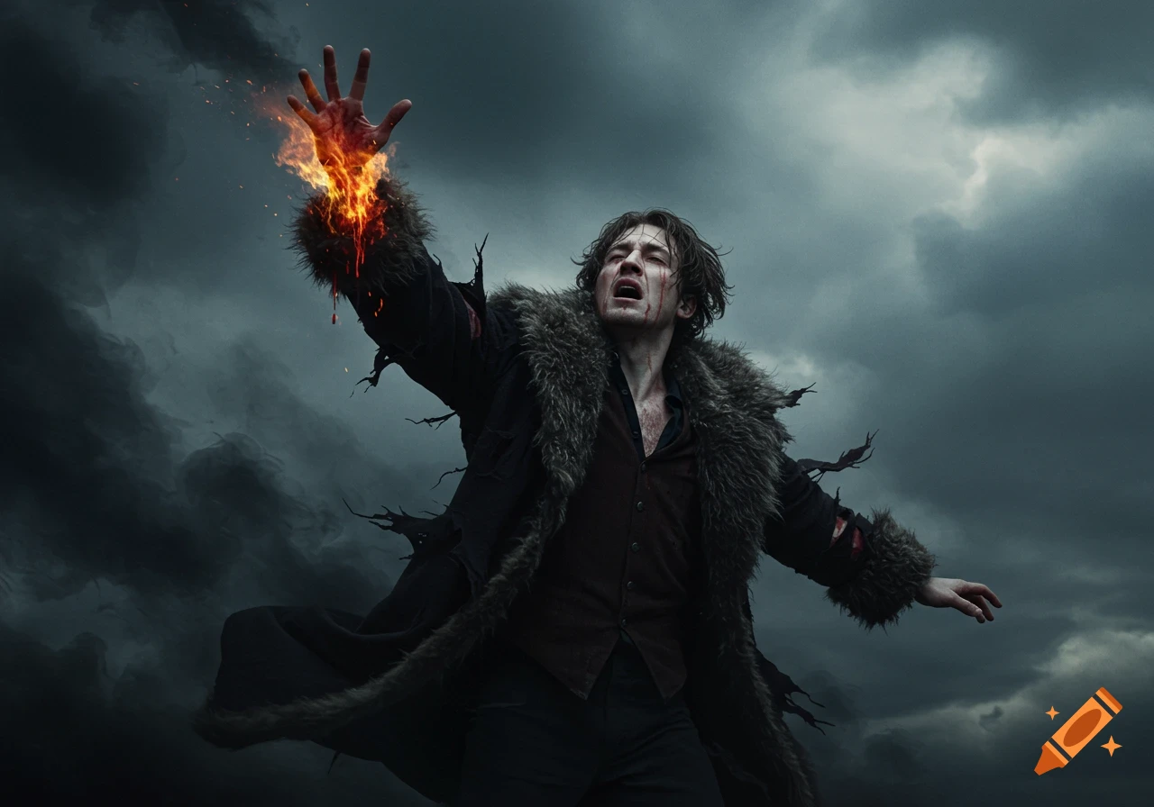 Man with a burning hand reaching skyward in a torn coat under a stormy sky, dramatic art style.