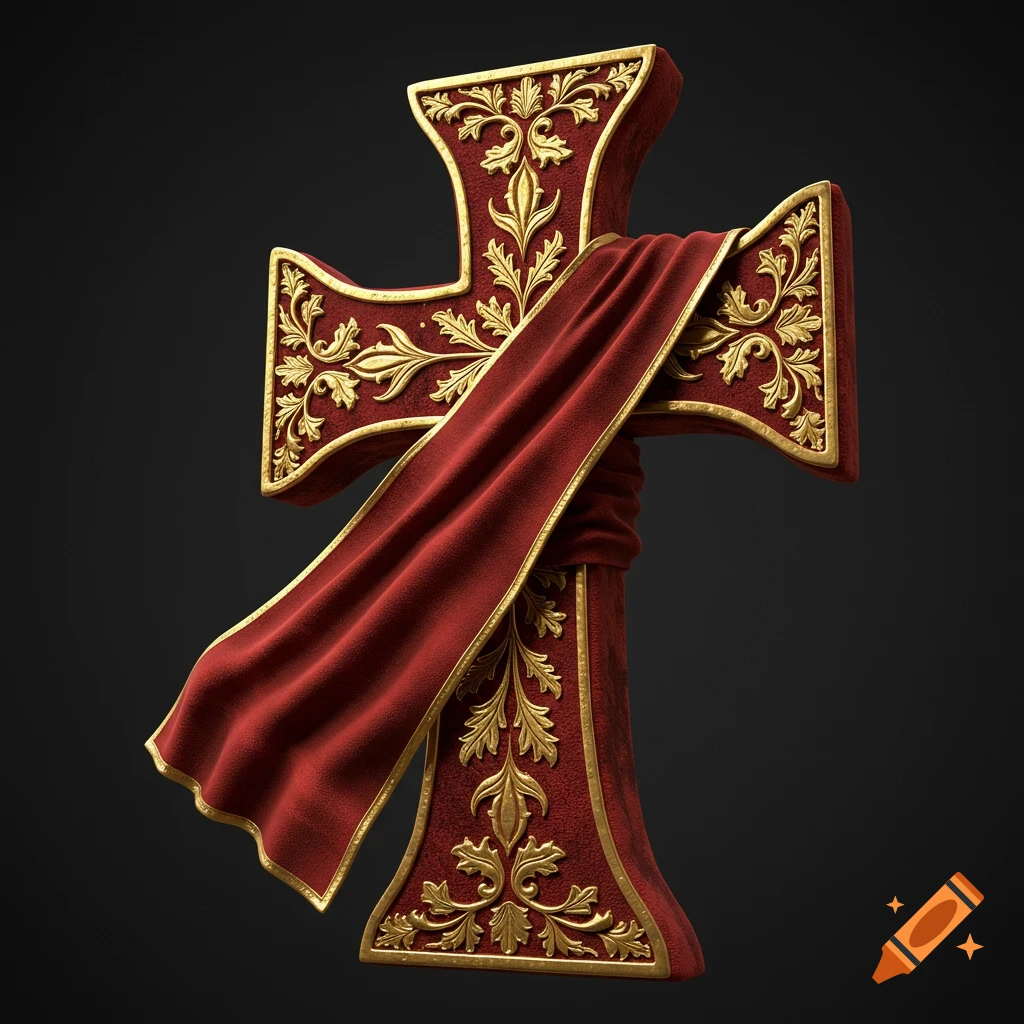 A detailed 3D rendering of a red velvet Jerusalem cross wrapped in fabric, with gold leaf and filigree decoration.