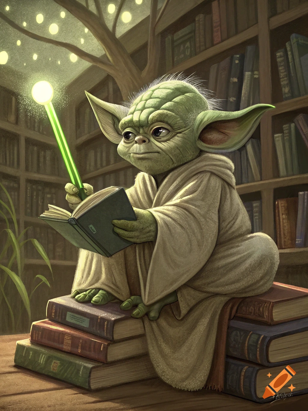 Yoda reads a book while sitting on a stack of books in a library, lit by floating orbs, illustration.