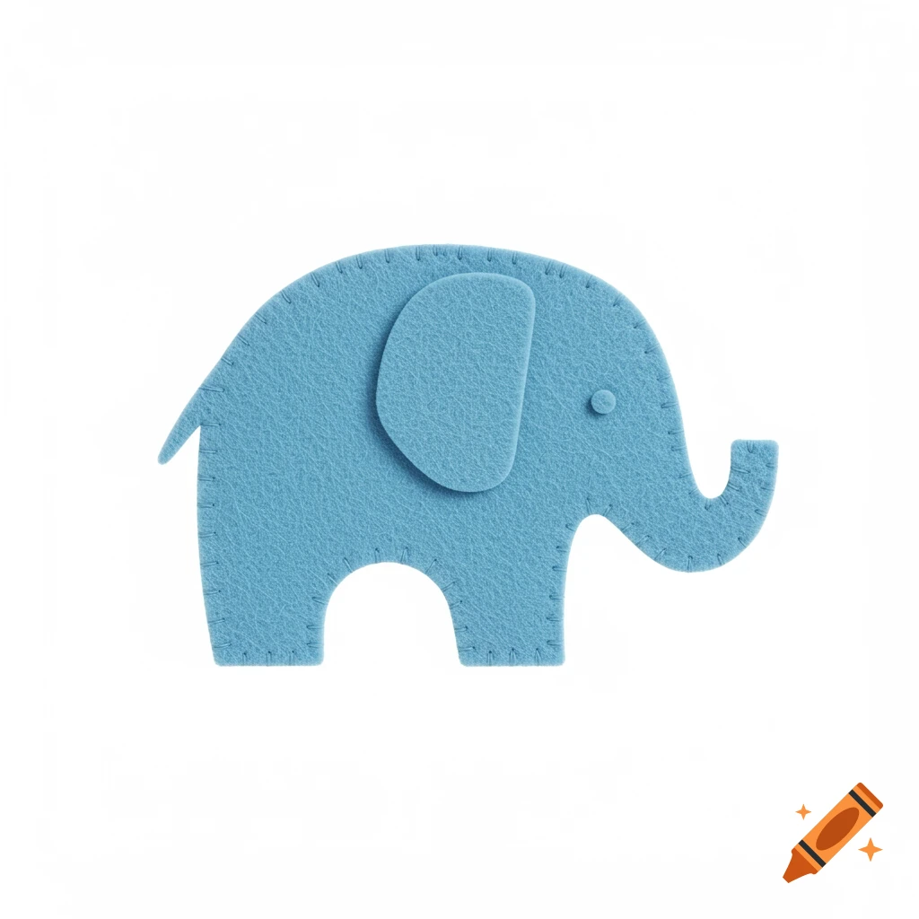 A stylized blue felt elephant on a white background