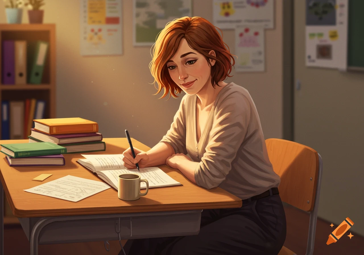 An illustration of a teacher with red-brown hair writing in a book at a classroom desk.