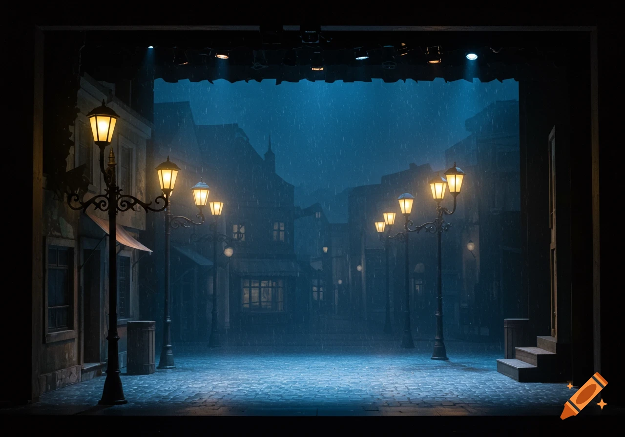 A theatrical stage set shows a vintage street scene at night in the rain, lit by lampposts.