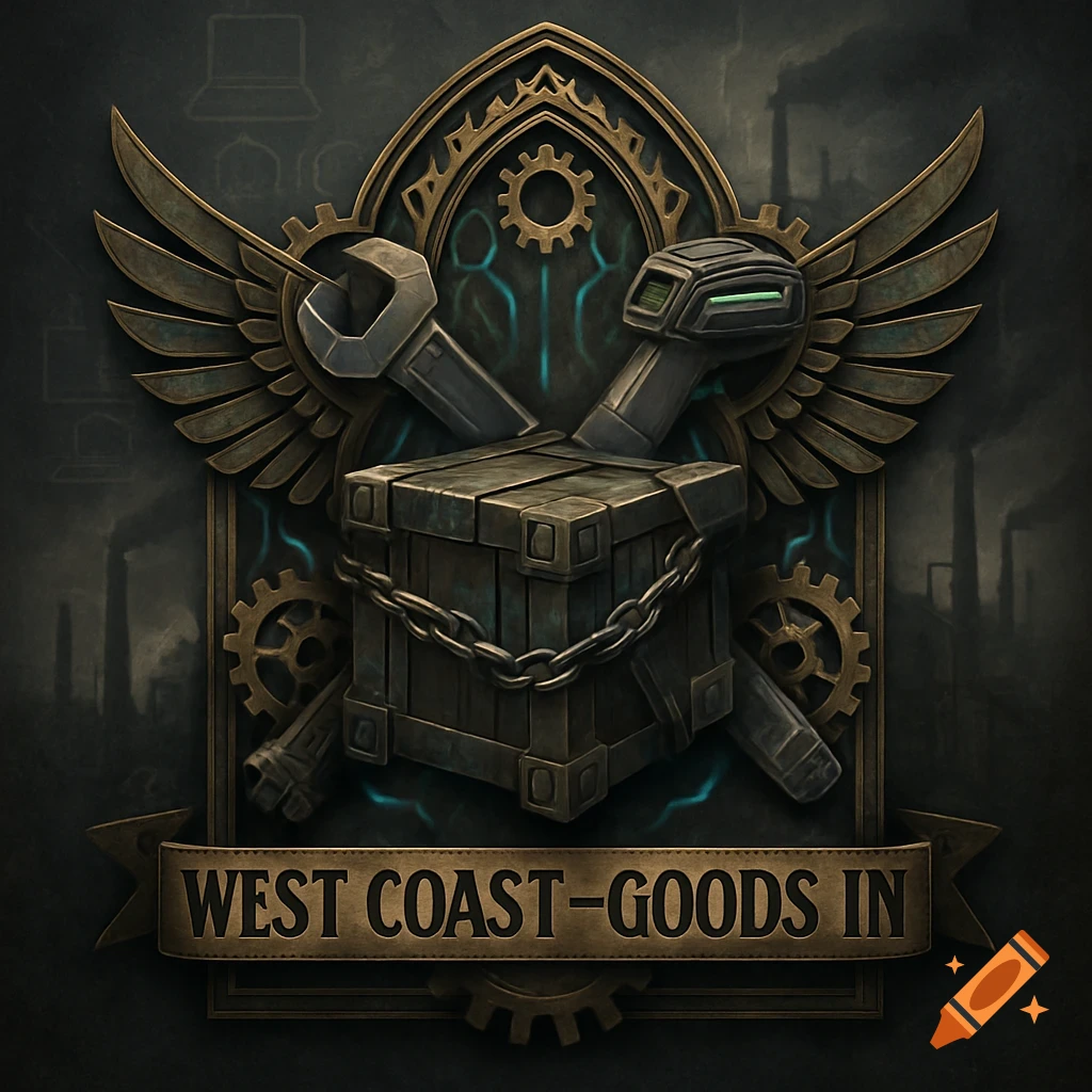 Steampunk style emblem with a crate, crossed tools, wings, gears, and 'West Coast - Goods In' text on a dark background.
