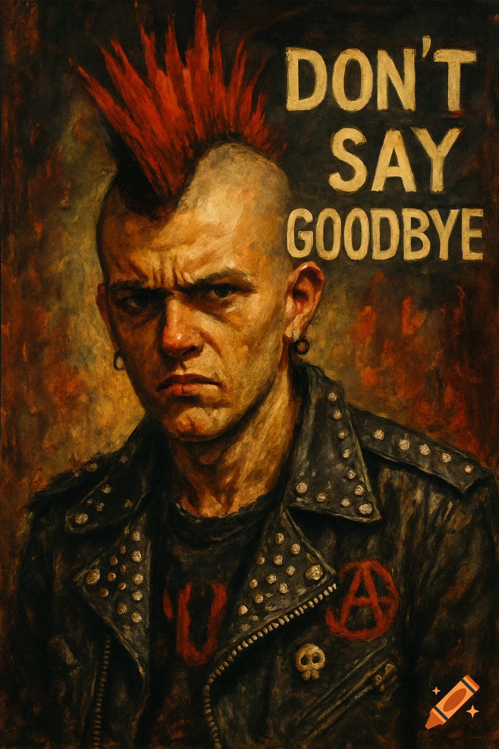 Portrait painting of a punk person with a red mohawk and leather jacket ...