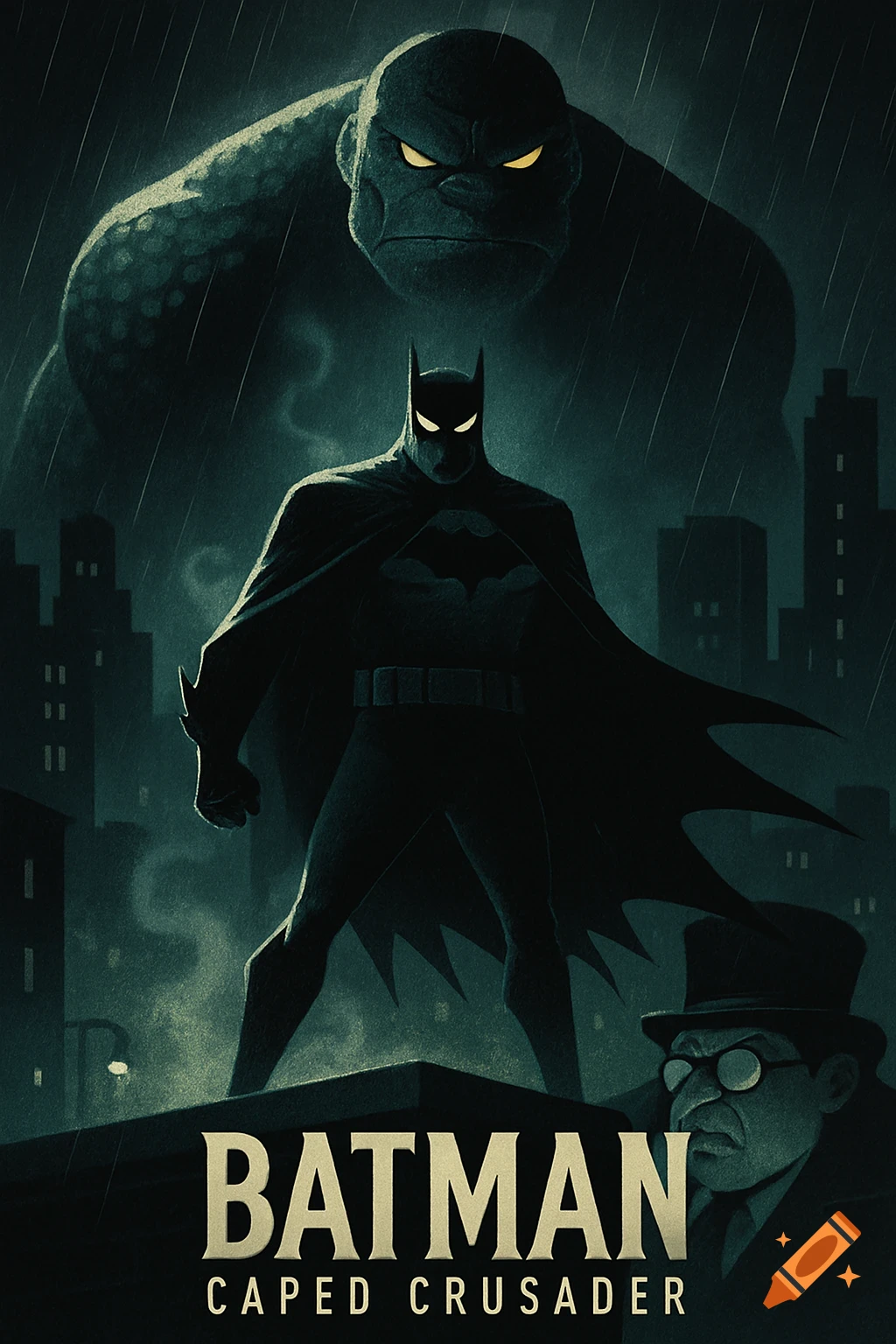 Stylized noir poster of Batman on a rainy rooftop with Killer Croc ...