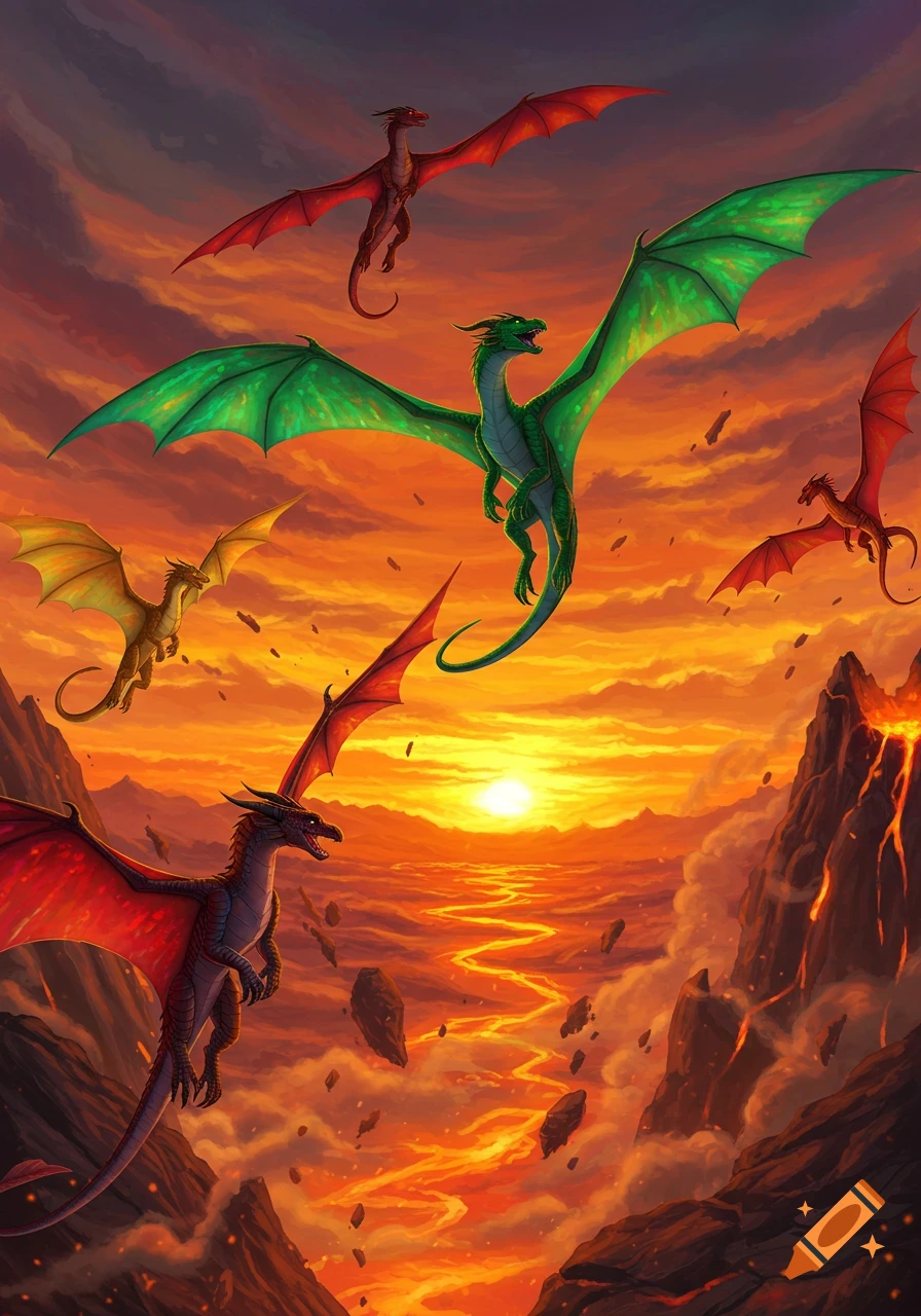 Dragons fly over a volcanic landscape with a winding river of lava at sunset.