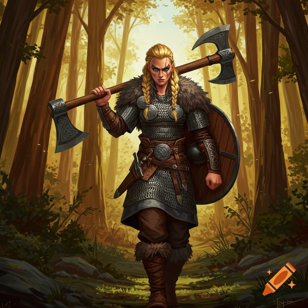 Female viking warrior with axe and shield walking through a sunlit forest.