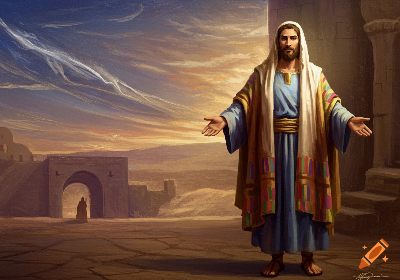 Painting of a man in a colorful robe with arms outstretched in a desert landscape with ancient structures.