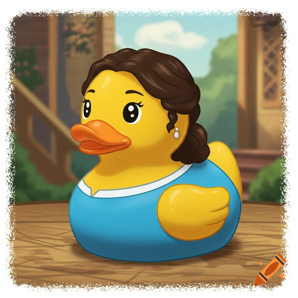 A cute cartoon rubber duck styled as Eliza Hamilton in a blue dress.