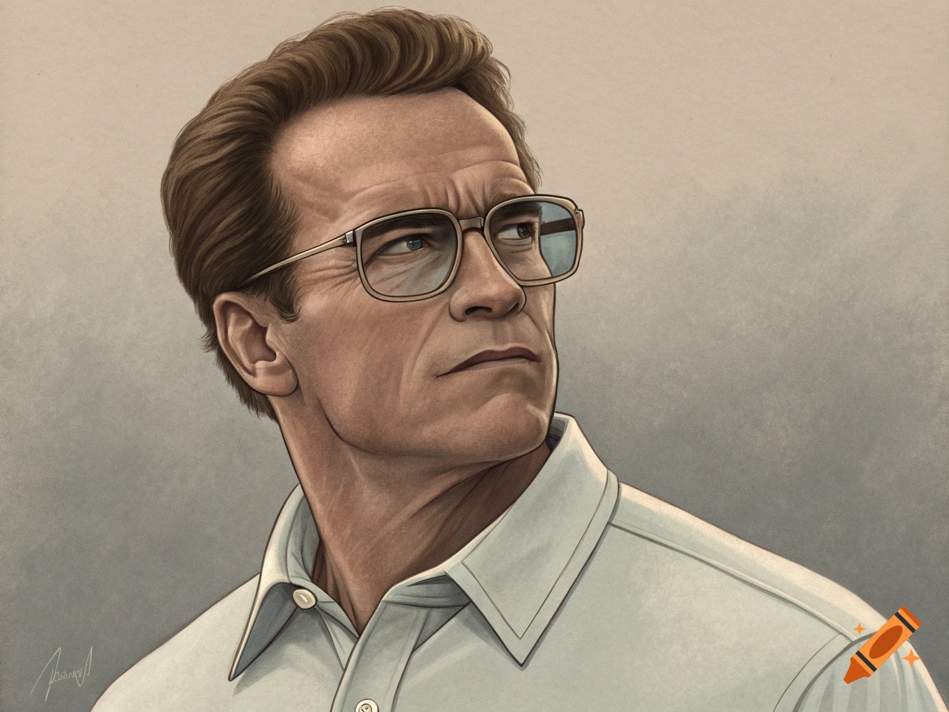 Illustration of Arnold Schwarzenegger as a nerd in glasses and a white shirt, looking up.