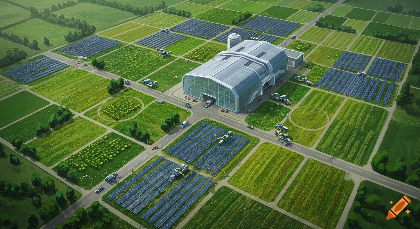 An aerial view of a modern farm with fields, solar panels, roads, and a large central building.