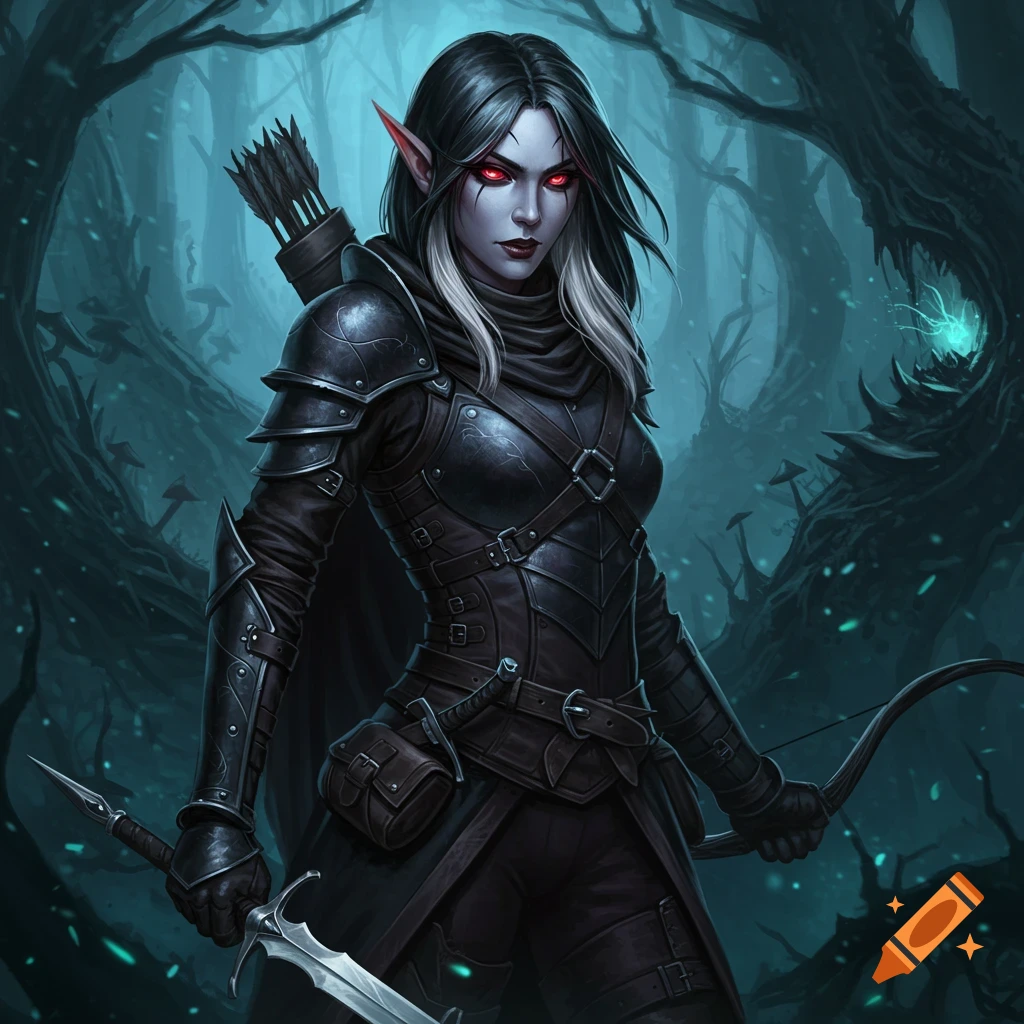 A dark fantasy illustration of a female drow rogue in black armor holding a sword, standing in a dark forest.