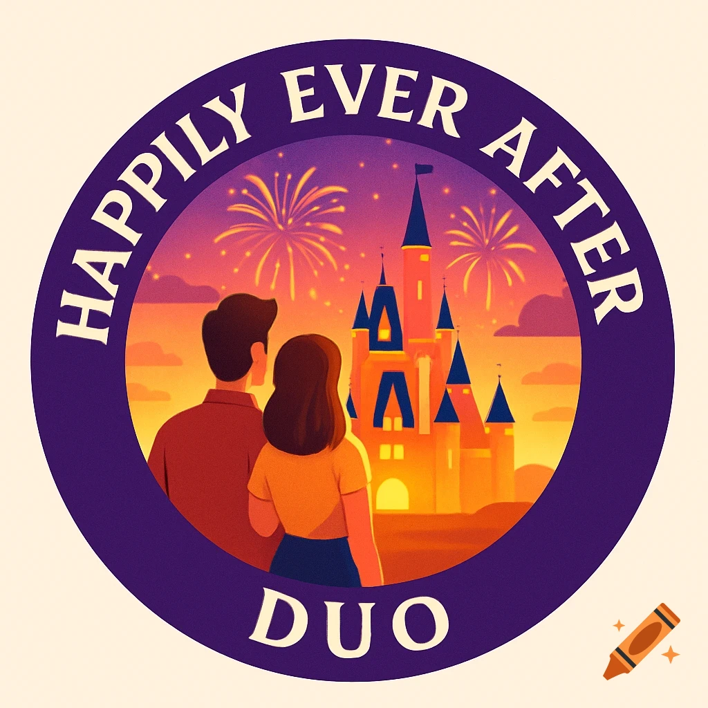 Vector logo: couple watching fireworks over a castle at sunset with 'Happily Ever After Duo' text.