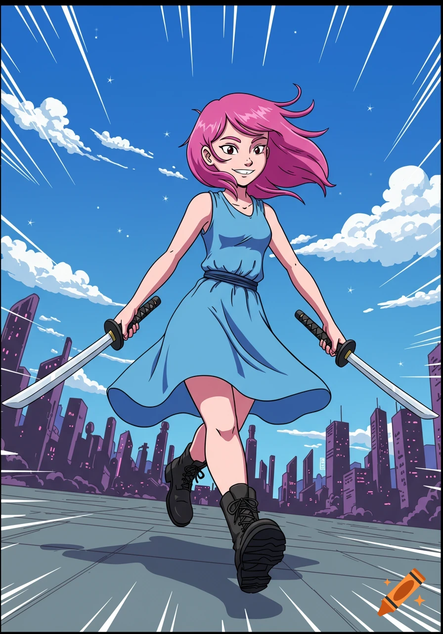 A cartoon girl with pink hair runs through a city holding two swords, in a comic style.