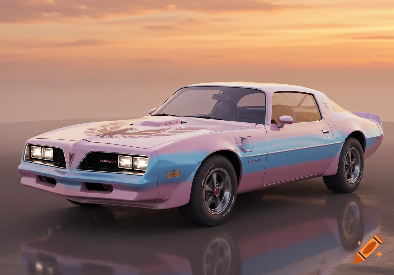 A pink and blue striped 1977 Pontiac Firebird Trans Am is parked on a reflective surface at sunset.