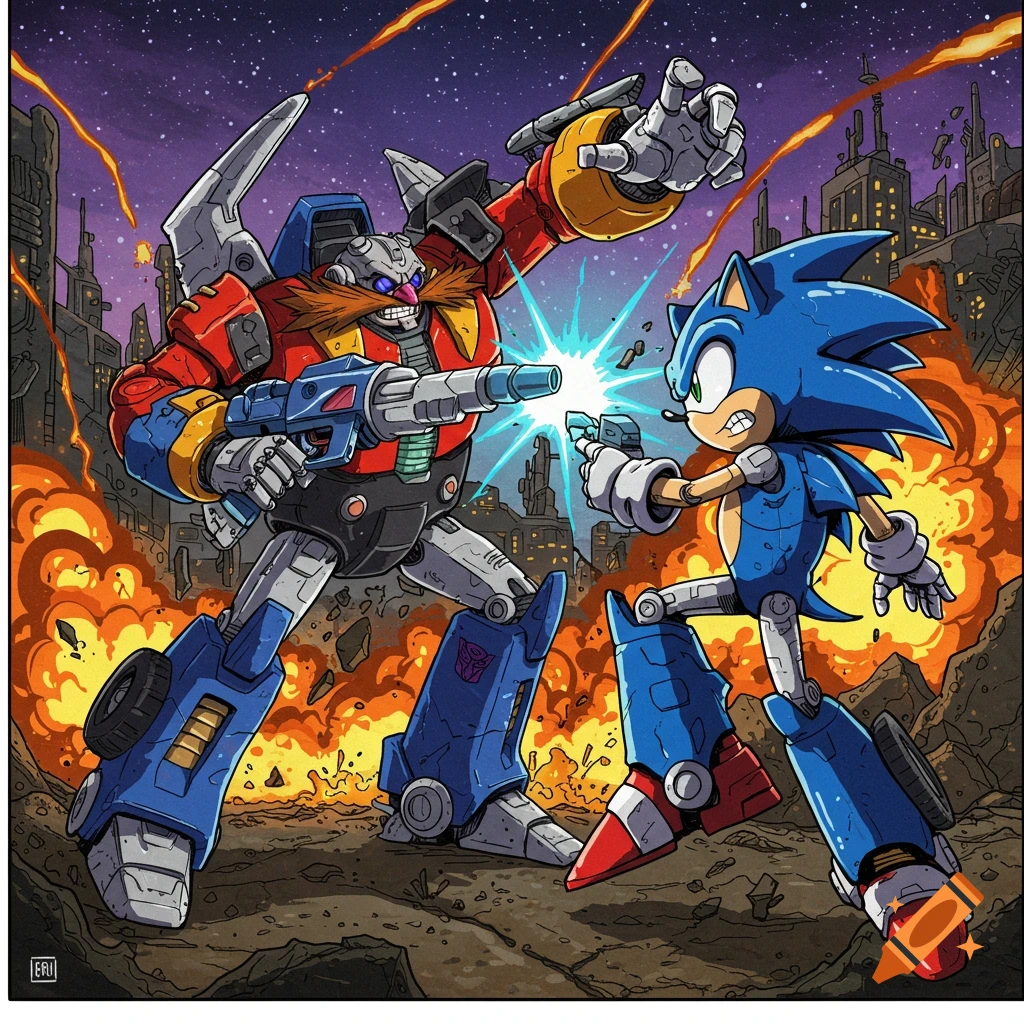 Cartoon illustration of Sonic the Hedgehog as a transformer fighting Eggman in a giant robot in a ruined city.
