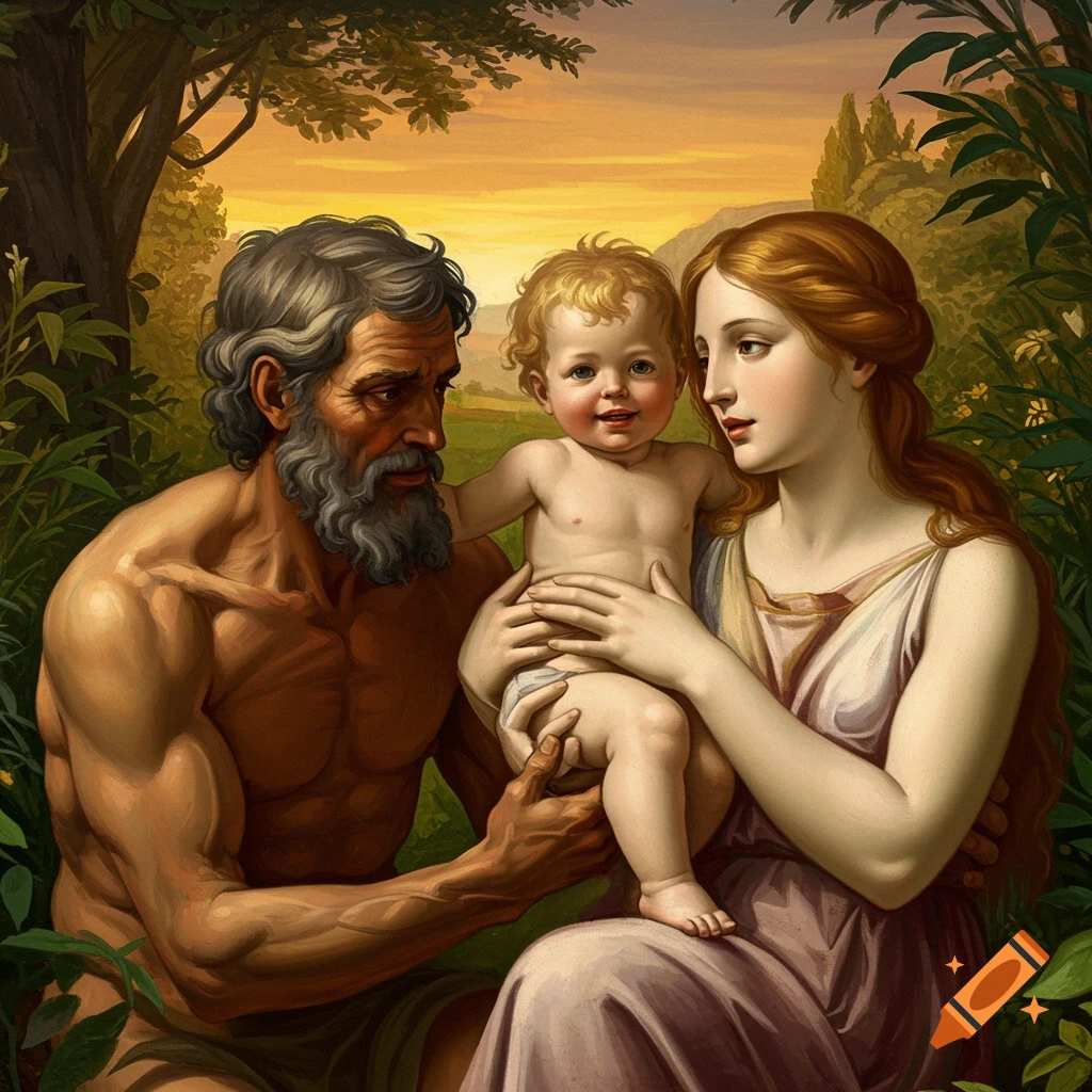 Adam and Eve hold a baby in a garden, painted scene