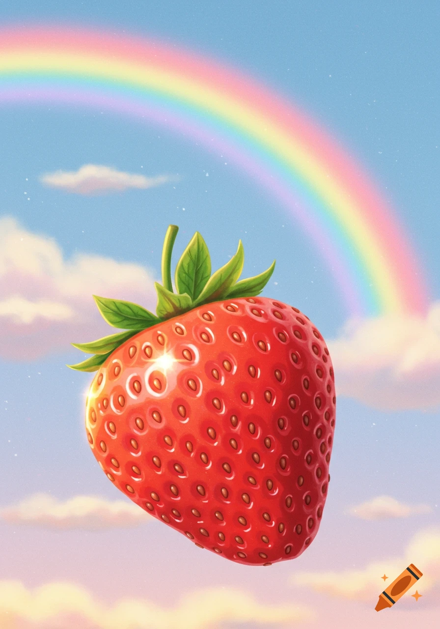 An illustration of a large strawberry floating under a rainbow in a cloudy sky.