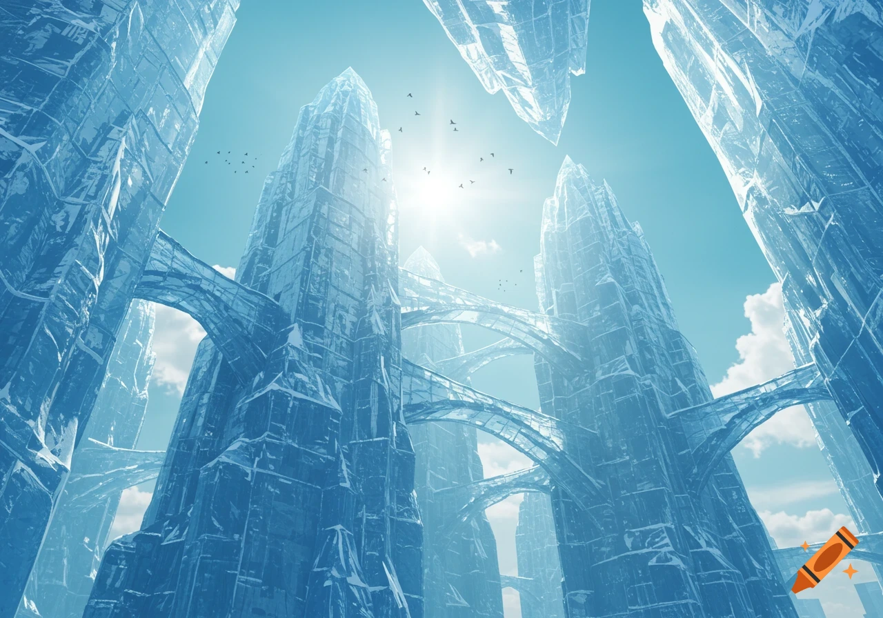 Towering interconnected skyscrapers made of ice under a bright sky.