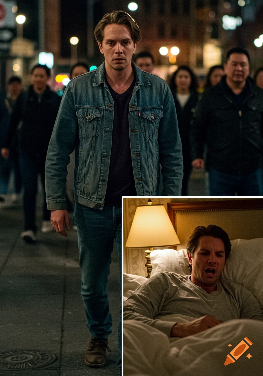 Split image of a man walking on a busy street at night and lying in bed.