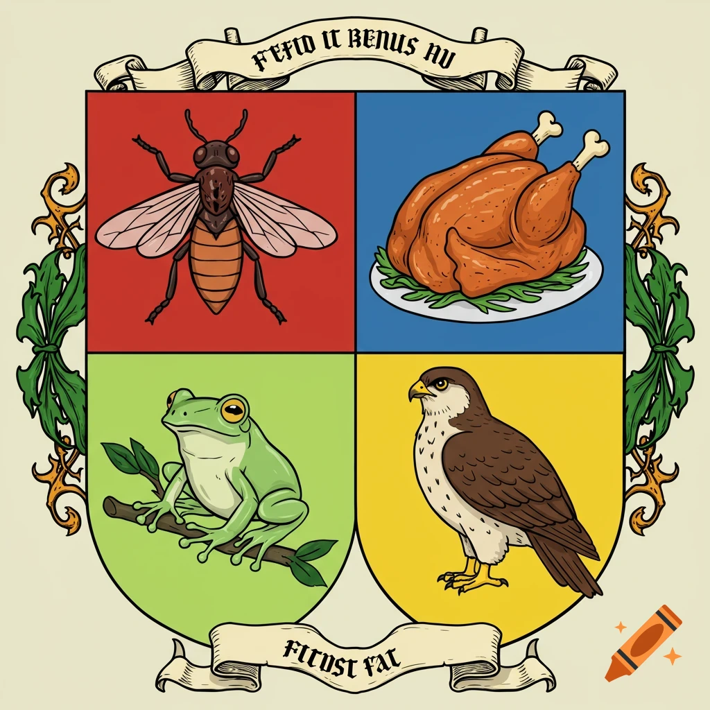 Cartoon coat of arms shield with quadrants showing a fly, roast chicken, frog, and hawk, with text banners.
