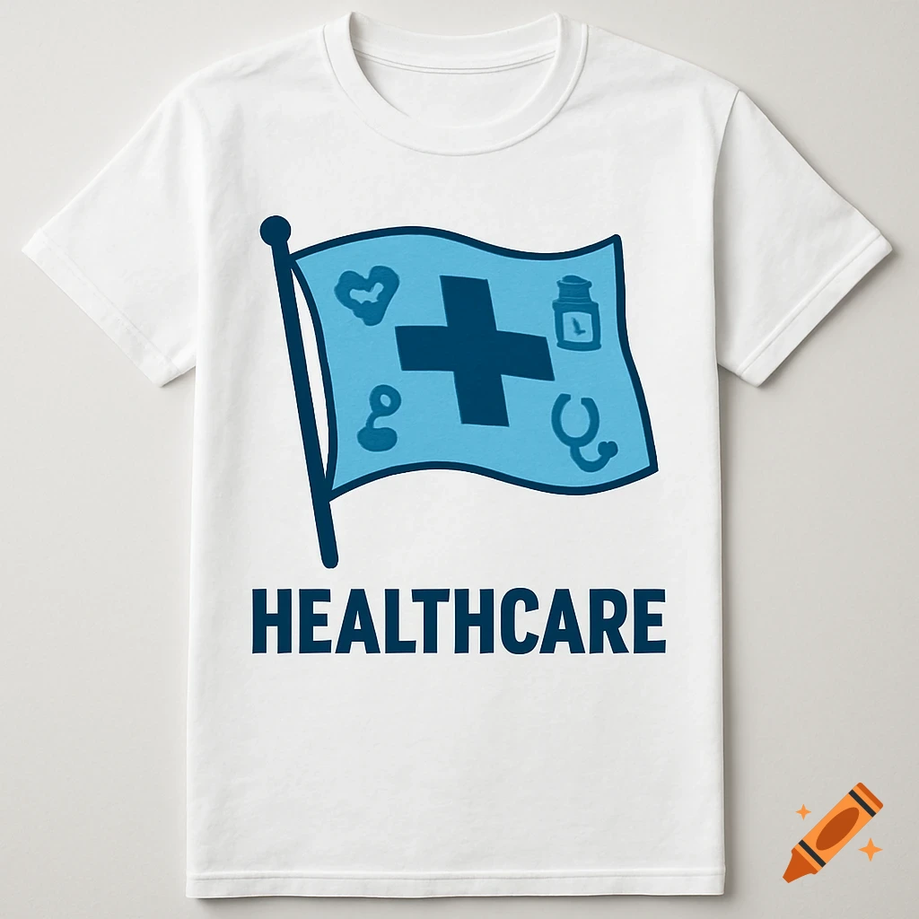 White t-shirt with a blue flag design showing a cross and medical icons, and the word HEALTHCARE.