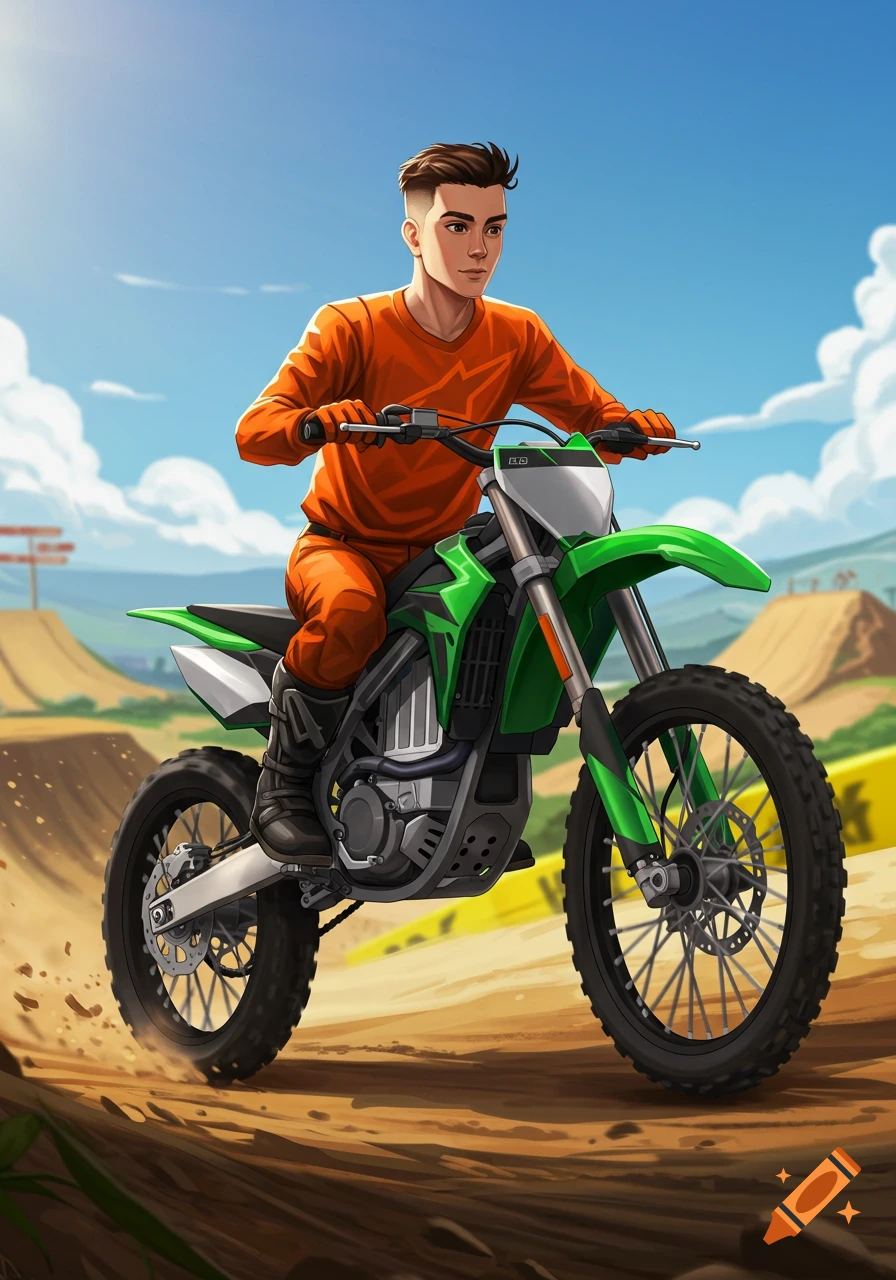 A young man rides a green and orange dirtbike on a dirt track under a sunny sky, in an illustrated style.