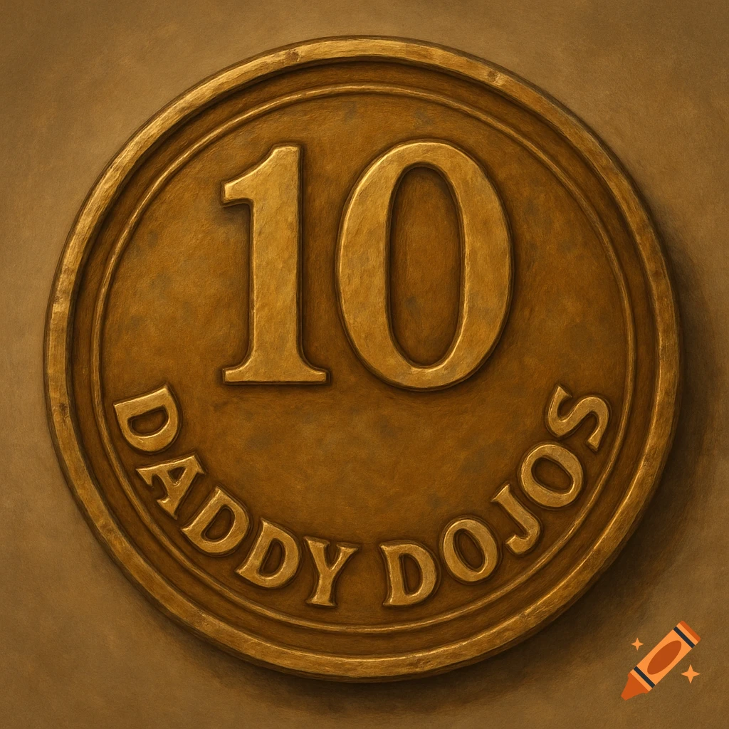 A bronze token with the number 10 and 'DADDY DOJOS' written on it.