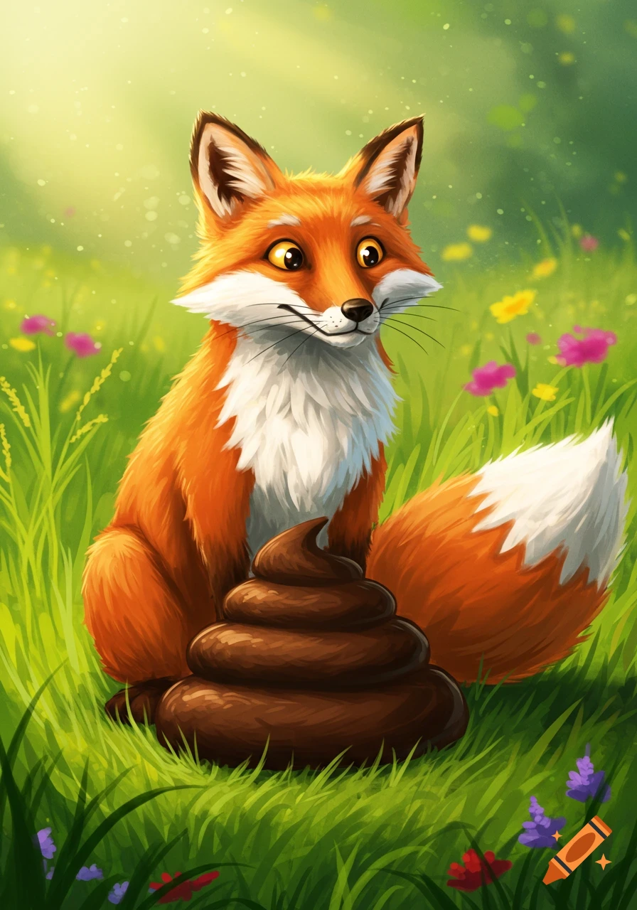 Cartoon fox sitting next to a large pile of poop in a sunny field.