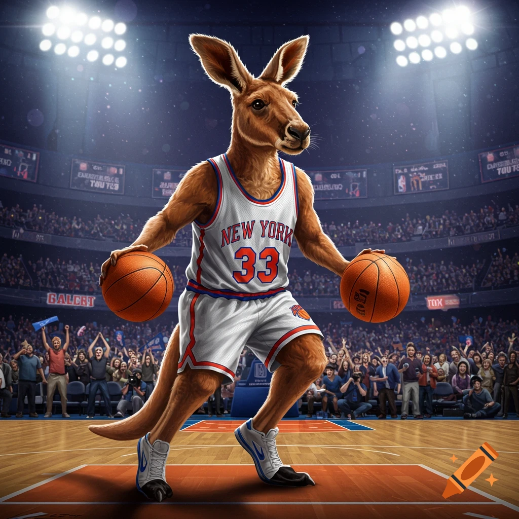 Anthropomorphic kangaroo in New York Knicks uniform dribbling basketballs in an arena.