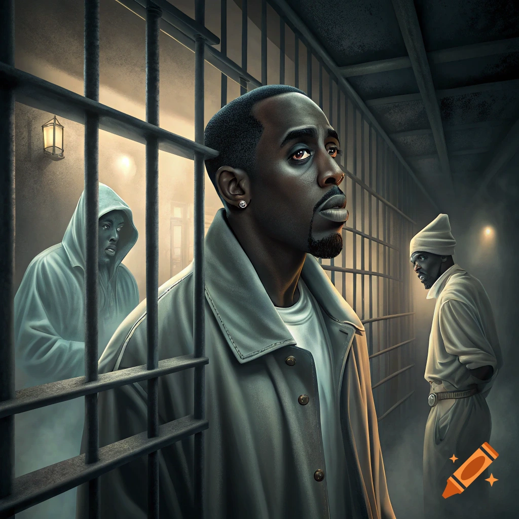 Three men in a prison cell, one in the foreground behind bars, two others in the background.