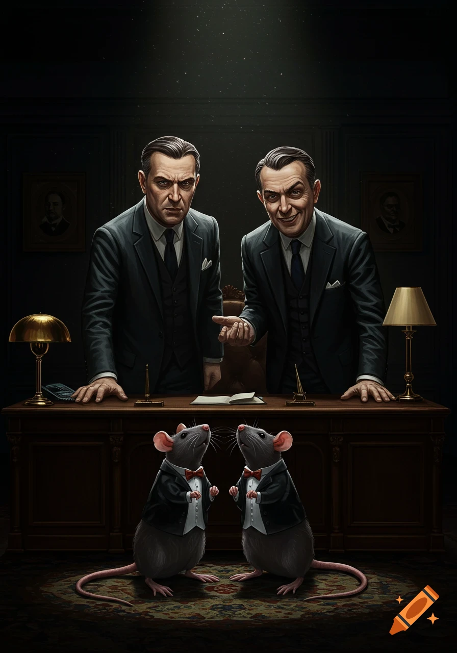 Two men in suits stand behind a desk, looking down at two rats in suits bowing to them in a dark office.