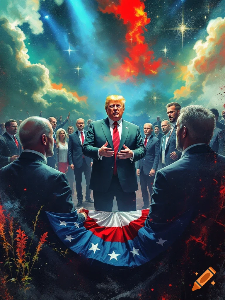Donald Trump addresses a crowd beneath a dramatic, colorful sky with a patriotic banner.